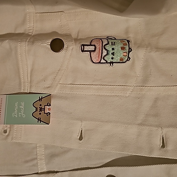PUSHEEN CAT Boba Embroidered White Denim Jacket S/CH/P - Picture 2 of 2
